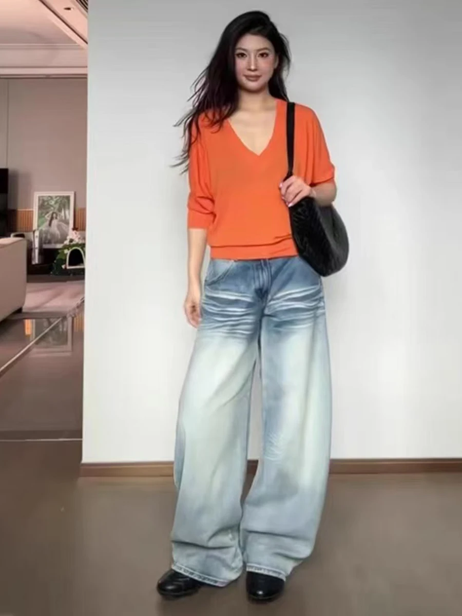 

plus Size Low Waist Slimming Straight Leg Jeans Women's Spring Summer Bootcut Denim Pants American Retro Knife Design