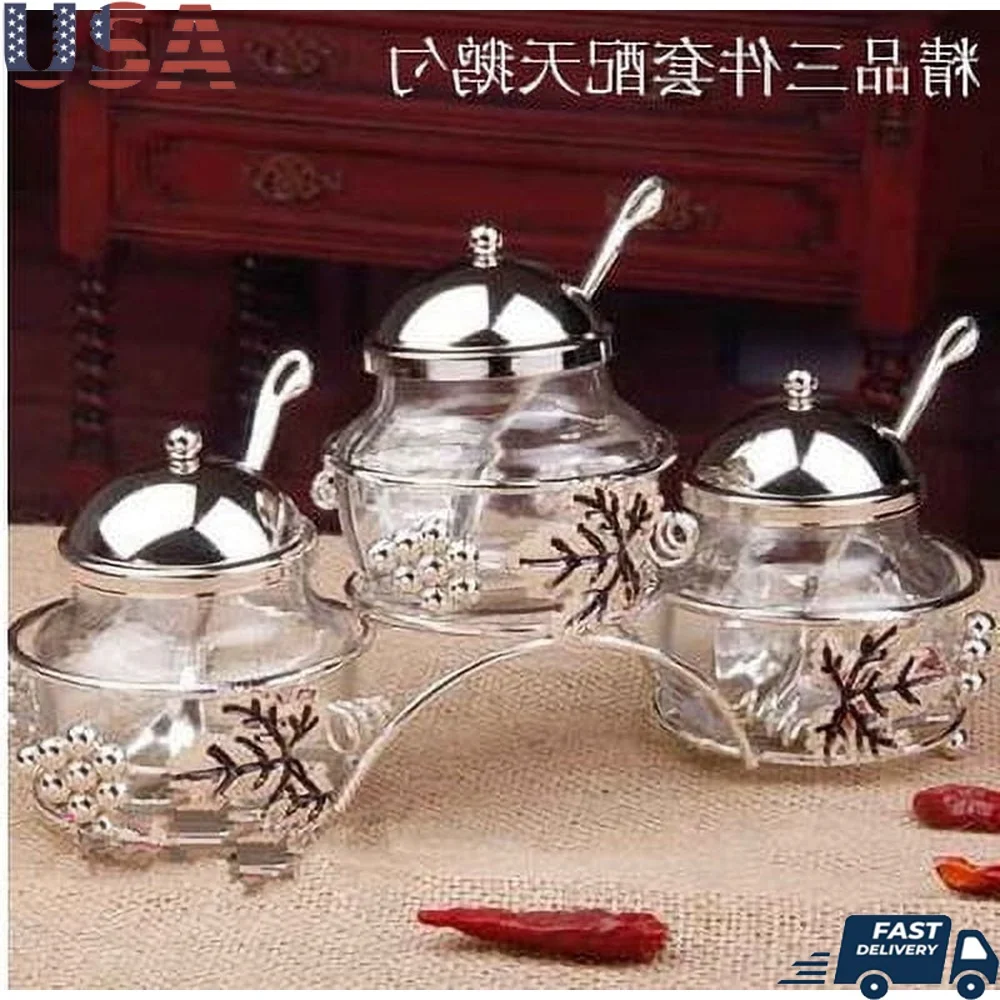 

Glass Spice Storage Jars Set 3PCS Kitchen Seasoning Containers Durable Zinc Alloy Perfect Home Dining Picnic Table