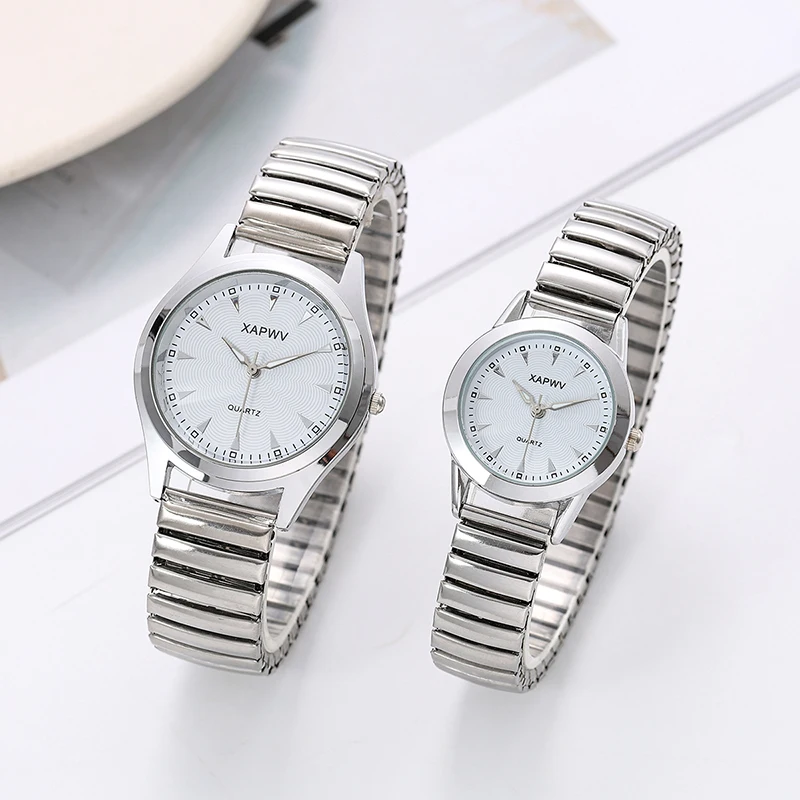 ลำลองสุภาพสตรีวัยกลางคนและผู้สูงอายุนาฬิกาเหล็กสปริงยืดหยุ่นคู่นาฬิกาแฟชั่นของขวัญนาฬิกาควอตซ์ผู้ชาย