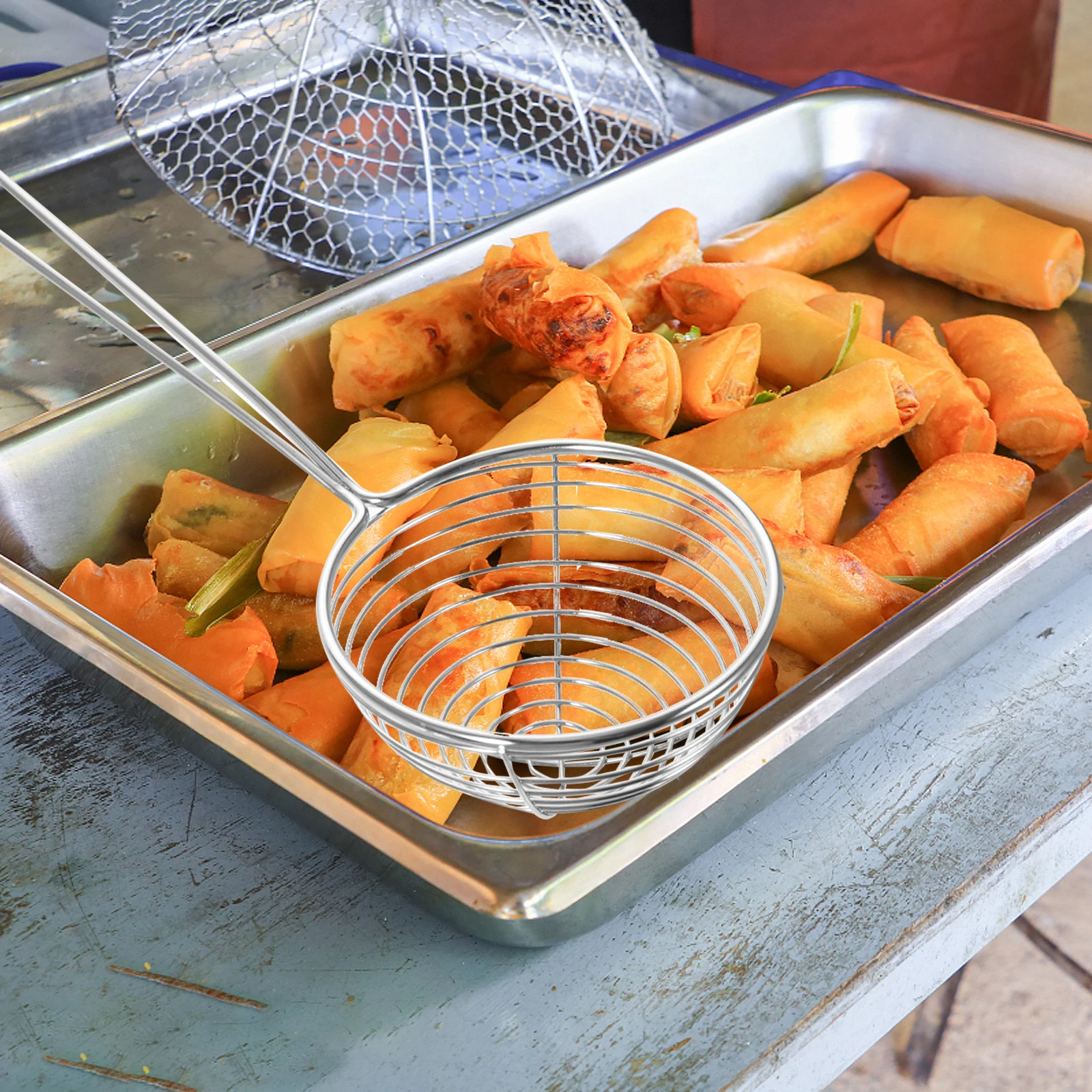 1 st Spider Zeef Lepel Roestvrij Stalen Gaas Filter Pollepel Huishoudelijke Keuken Frituren Noodle Vergiet Lange Steel Olie