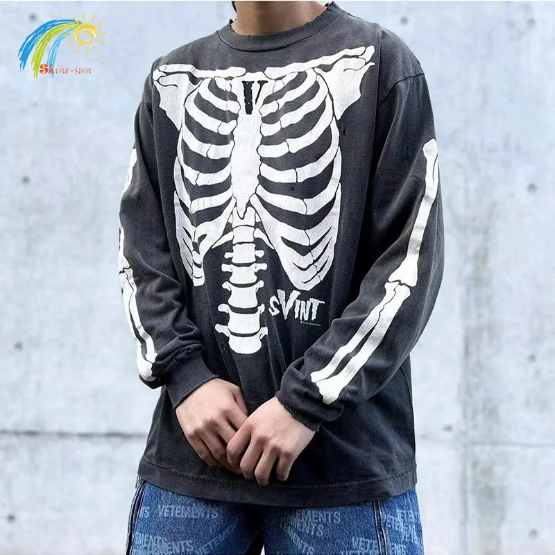 

High Street Oversized Skeletal Rib Crack Print Saint Long Sleeve T Shirt Men Women 1:1 Tags Vintage Washed Black T-Shirt