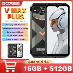 DOOGEE V Max Plus 견고한 휴대폰, 22000mAh, 5G, 16GB + 512GB, 200MP 카메라 휴대폰, 6.58 인치, 120Hz 디멘시티 7050, 33W, 안드로이드 14 NFC 스마트폰