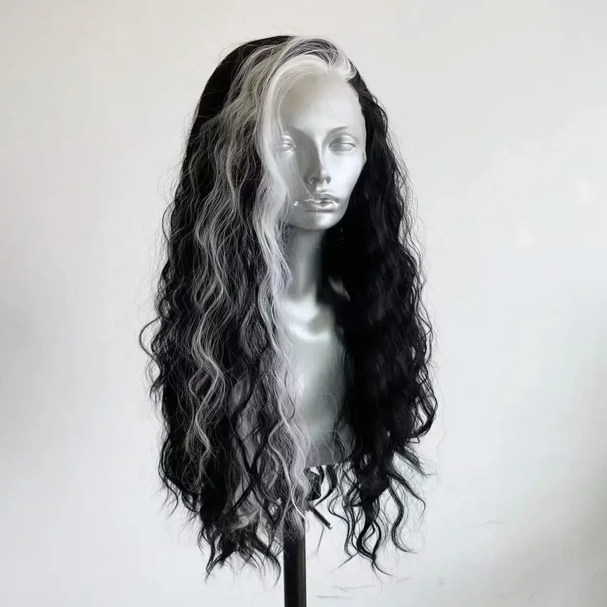 Black and White Long Wavy Lace Front Synthetic Wig Glueless Heat Resistant Fiber Hair for Women Cosplay Halloween and Daily Wear