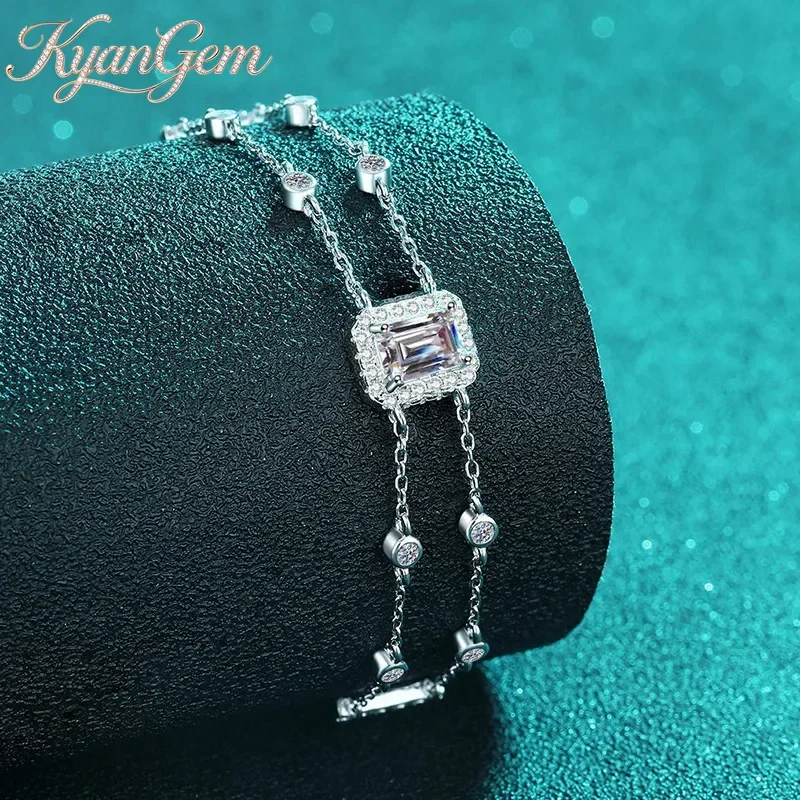 KyanGem 18K Gold Inlaid Moissanite Bracelet for Women Rectangular Chamfered Sapphire Colored Stone Double Chain Bracelet