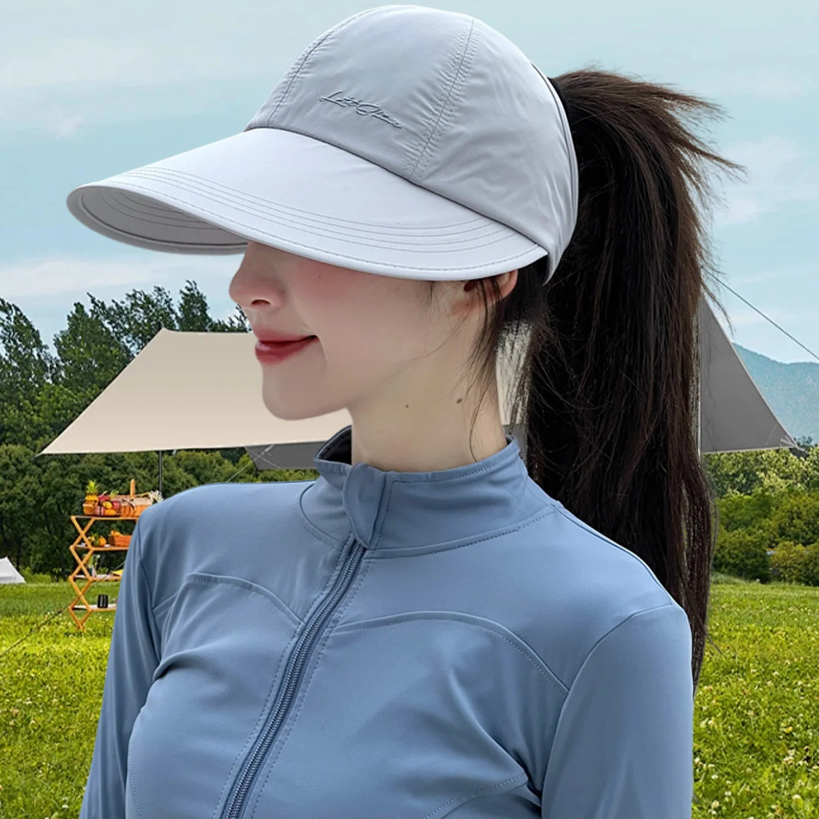 Sombrero de sol de ala ancha, gorra de cola de caballo con corona abierta de secado rápido para mujeres, sombreros de playa de verano al aire libre