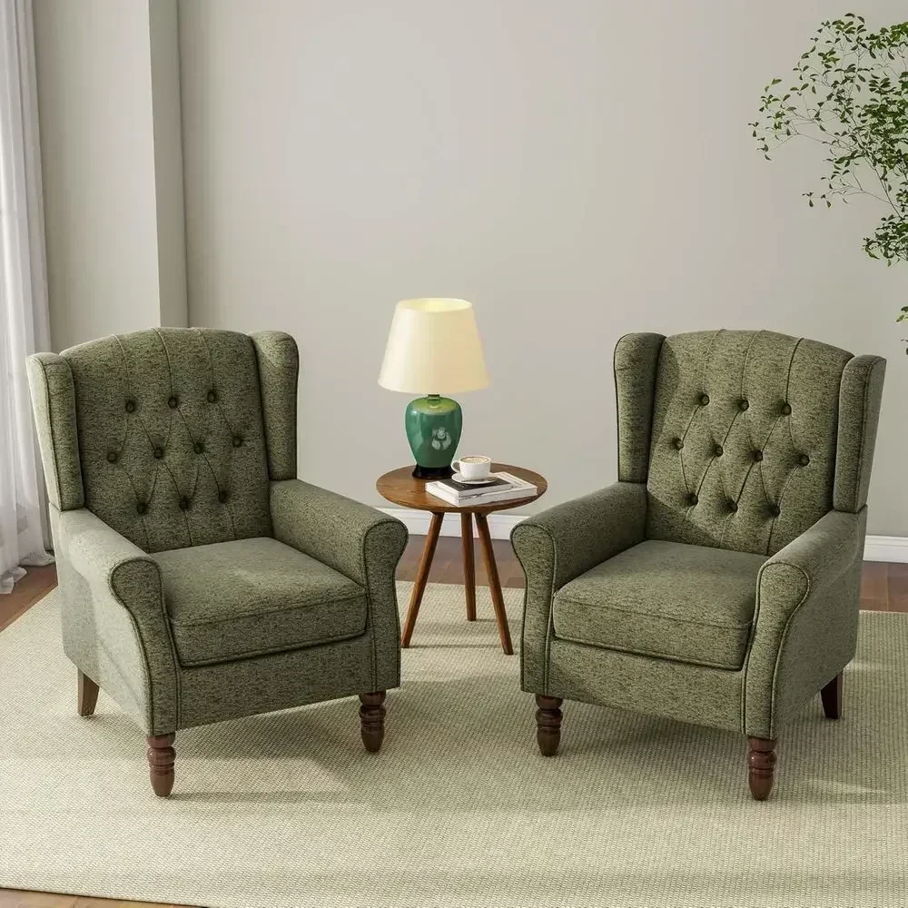 Upholstered Wingback Armchair with Button-Tufted High Back and Solid Wood Legs, Ideal for Reading and Small Spaces in Living Roo