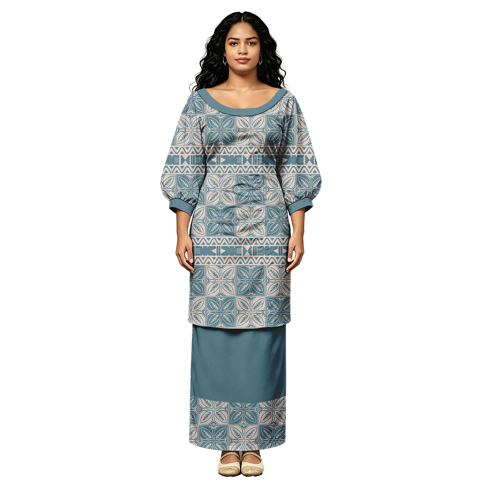 High Quality Custom Hibiscus Crew Neck Island Church Clothes Samoan Puletasi for Women Polynesian Tribal Design Ladies Puletasi