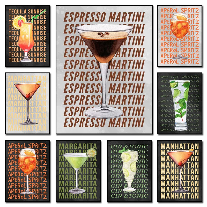 Aperol Spritz Gin and Tonic Espresso Martini Mojito Cocktails Font Art Poster Canvas Printing Wall Art HD Picture Bar Club Decor