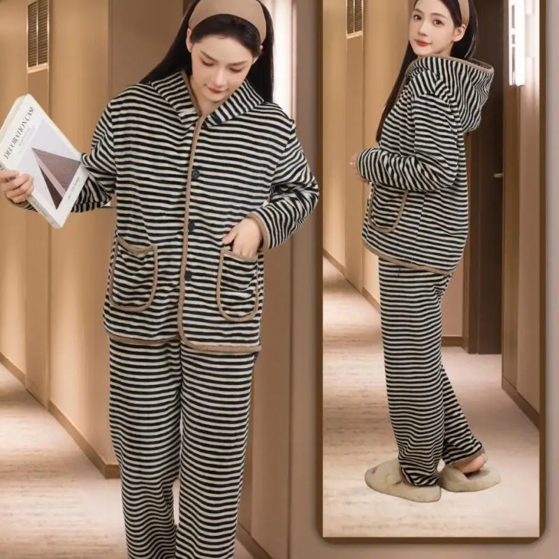 

Женская домашняя одежда в полоску с капюшоном, утепленная пижама, кардиган, пижама для девочек, милый теплый милый костюм на флисовой подкладке, осень-зима