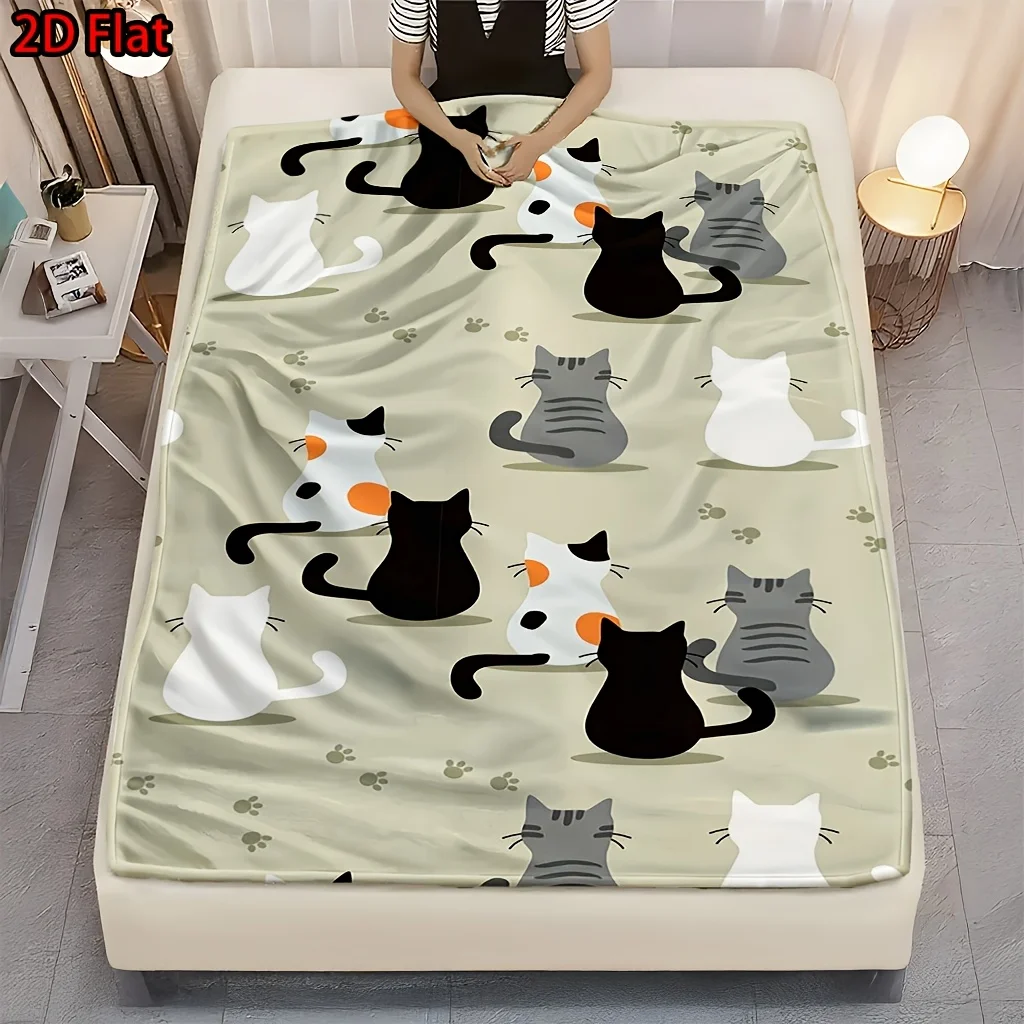 Cartoon Cat Silhouette Printed Blanket Light Green Full Page Cat Paw Print Sofa Nap Blanket Cute Home Leisure Decoration Blanket