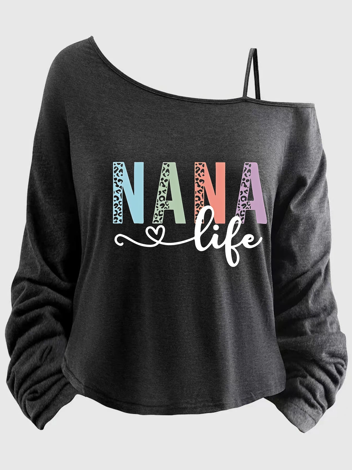 

Large-sized women’s top with printed sleeves, spaghetti straps, asymmetrical neckline, 1-8XL, letters (XT).