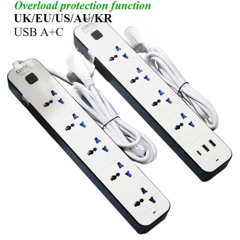 

Power Strip Electrical Socket Universal Outlets 2000W with USB Type-c US KR EU UK 110V 220V Extension Overload Protection Socket