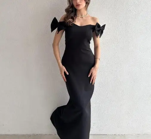 

Women Dresses 2025 Spring Summer New Latest Solid Color Sleeveless Off Shoulder Bow Design Backless Split Hip Hugging Long Dress