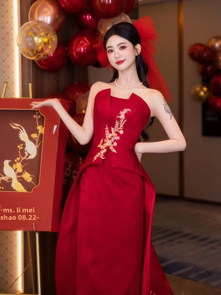 

New Chinese Sle Red Bridal Dr Small Train Return Home Celebration Evening Gown Wedding Ceremony Reception Par Dr