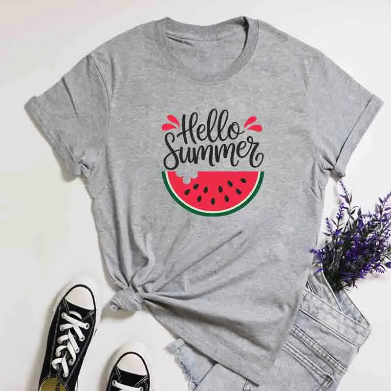 Hello Summer Watermelon T-Shirt Tropical Y2K Summer Fruit Graphic Tops Cute Women Beach Vacay Tee