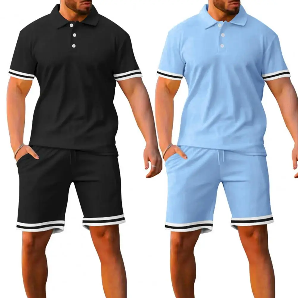 2 Pcs/Set Young Men Summer Tracksuit  Soft Breathable Men Shirt Shorts Set  Turn-down Collar Men Shirt Shorts Set