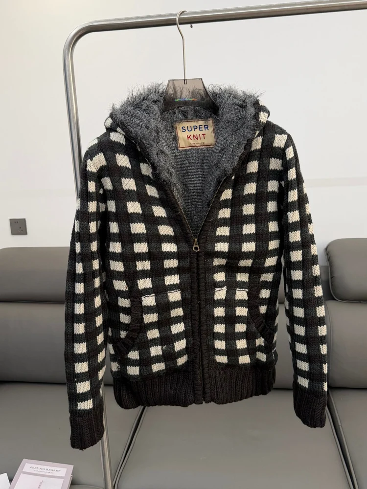 

Мужской теплый вязаный кардиган с капюшоном в клетку, утолщенный, для осени и зимы, повседневный, с длинными рукавами