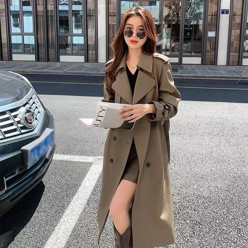 Windbreaker Coat for Women 2023 New Spring Autumn Waist Drop Feel Foreign Versatile Mid length High end Windbreaker for Women