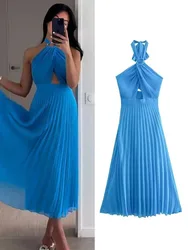 HH Women Fashion Dresses Solid Sleeveless Backless Hollow Out Decorate Zipper Female Summer Beach Style Long Dress 3 Color