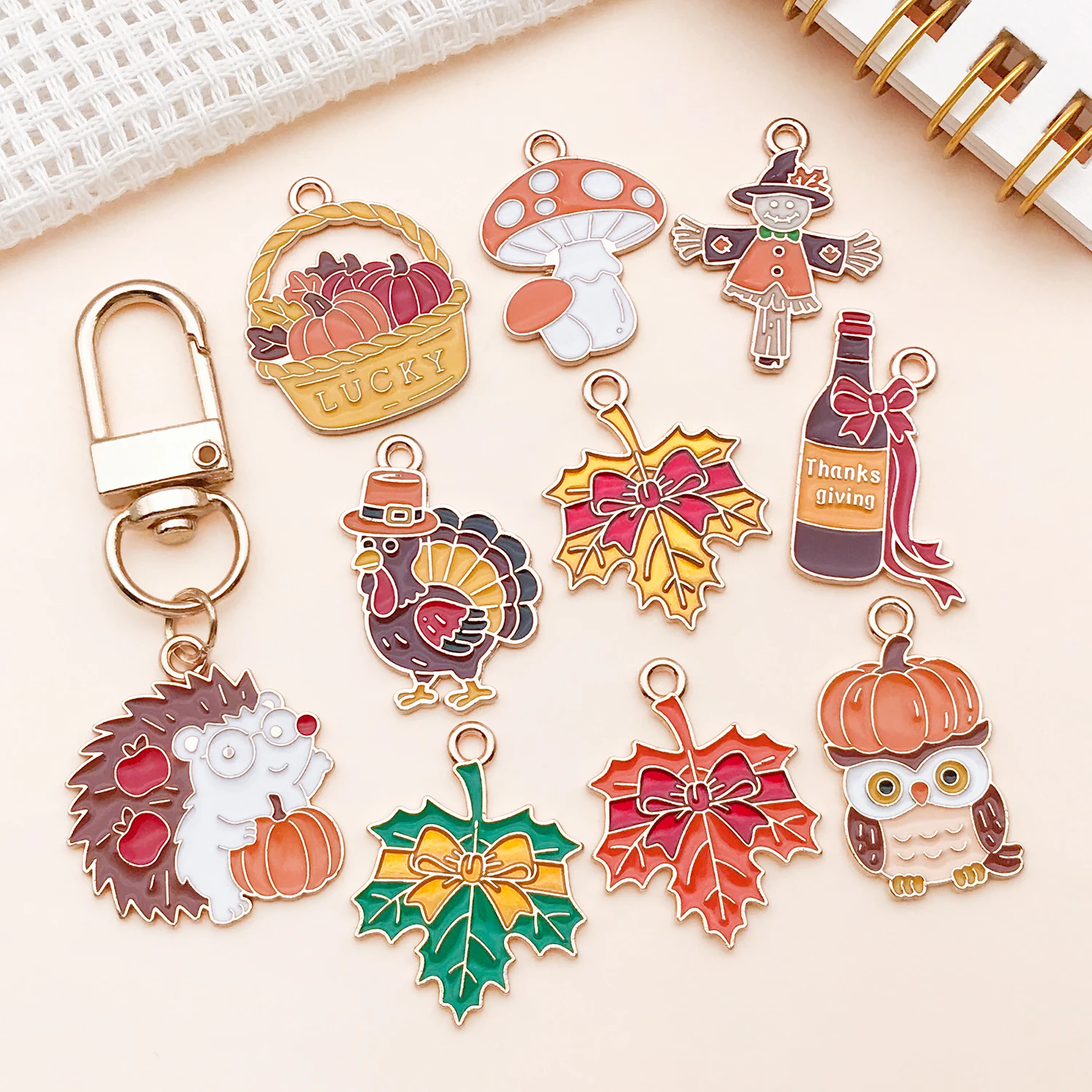 20pcs Fall Autumn Charms Enamel Maple Leaf Turkey Scarecrow Pendants For Earrings Necklace Harvest Season DIY Jewelry Accessorie