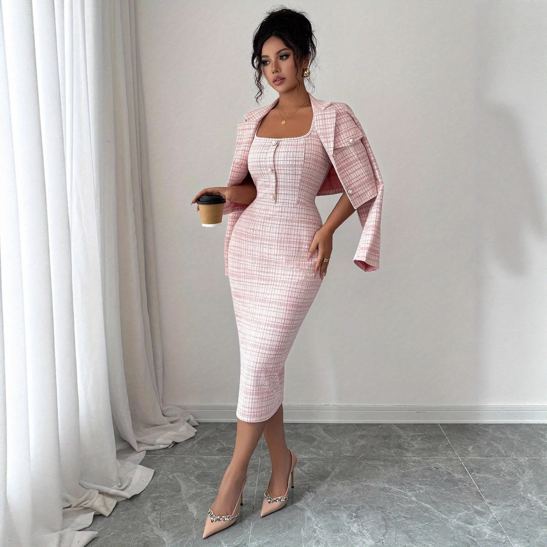 Women's Tweed Two Piece Set Cropped Blazer and Bodycon Midi Dress