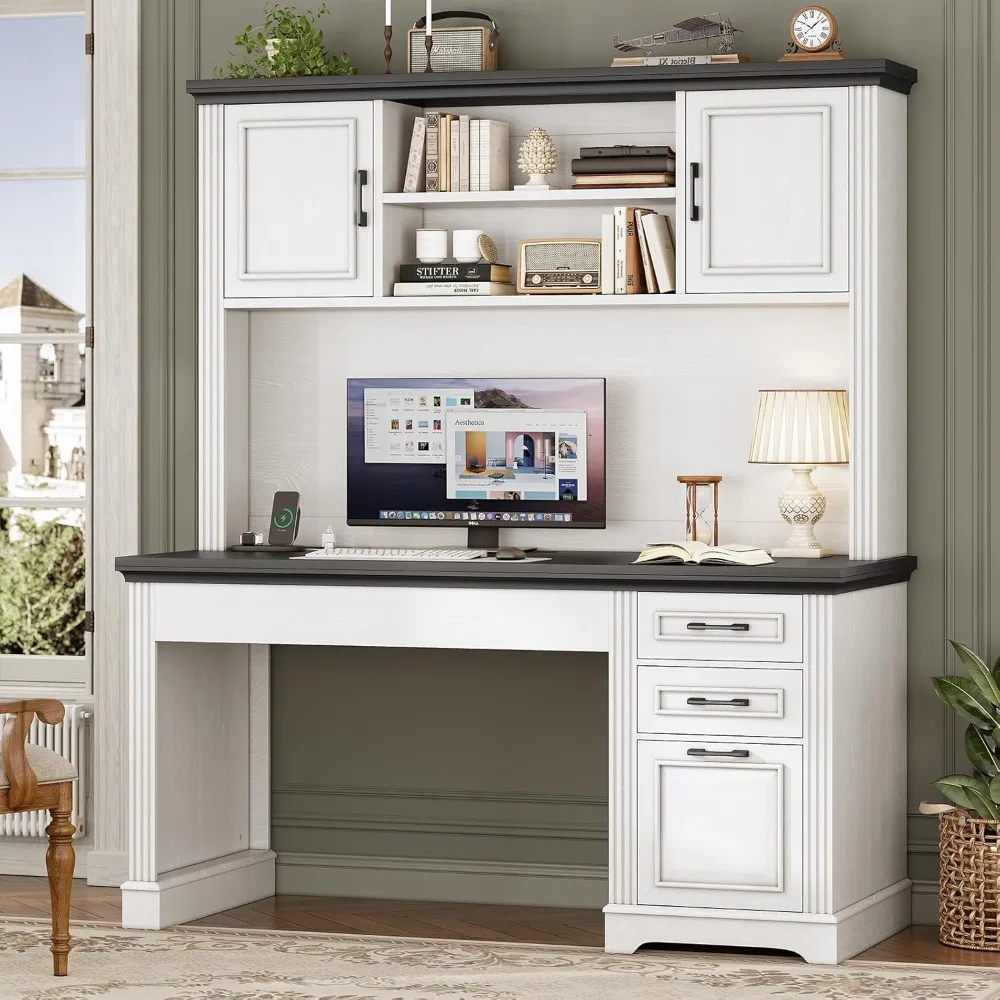 

Farmhouse computer desk with Hutch and 3 drawers, 47.2 executive desk with storage drawers, wooden desk with power supply O