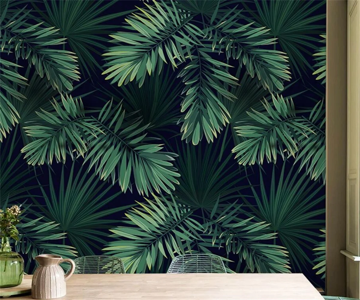 Customizable size mural, Southeast Asian rainforest plant 3d wallpaper, palm leaf, banana leaf decorative painting, tapestry