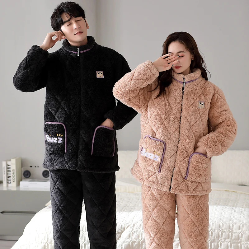 High Quality Winter Couple Pajamas Set 3 Layer Clip Cotton Pyjamas Lovers Thick Warm Home Clothing