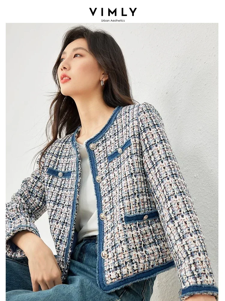 

Vimly Plaid Tweed Cropped Jacket for Women 2024 Spring Patch Denim Design Elegant Fashion Lady Short Coat Female Outerwear M3288