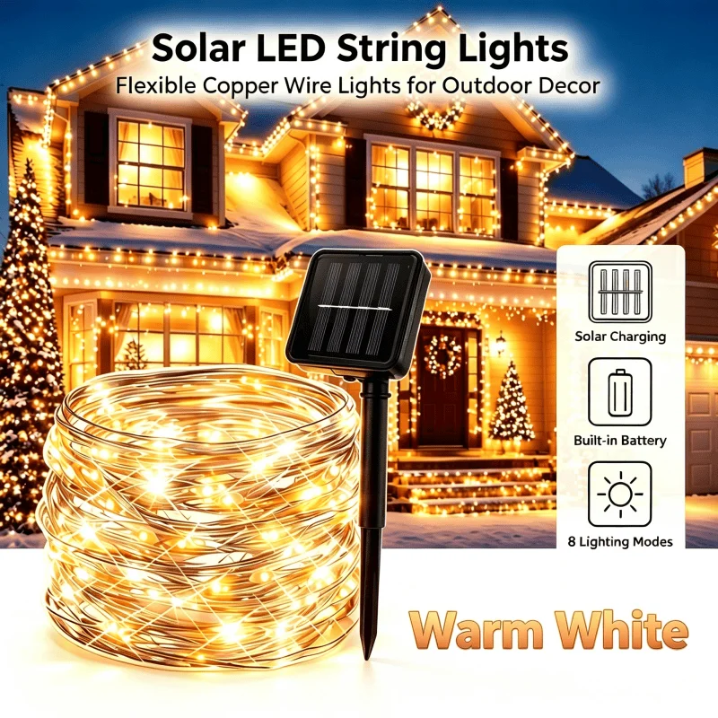 Outdoor Solar Copper Wire Fairy Garland Lights 50/100/200/300 LED 8 Modes Yard Xmas Wedding Party Holiday Decoration Lamp