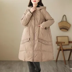 Women Loose Long Coat White Duck Down Jacket Women Winter Female Overcoat Winter with Hood Ruffles Big Pockets