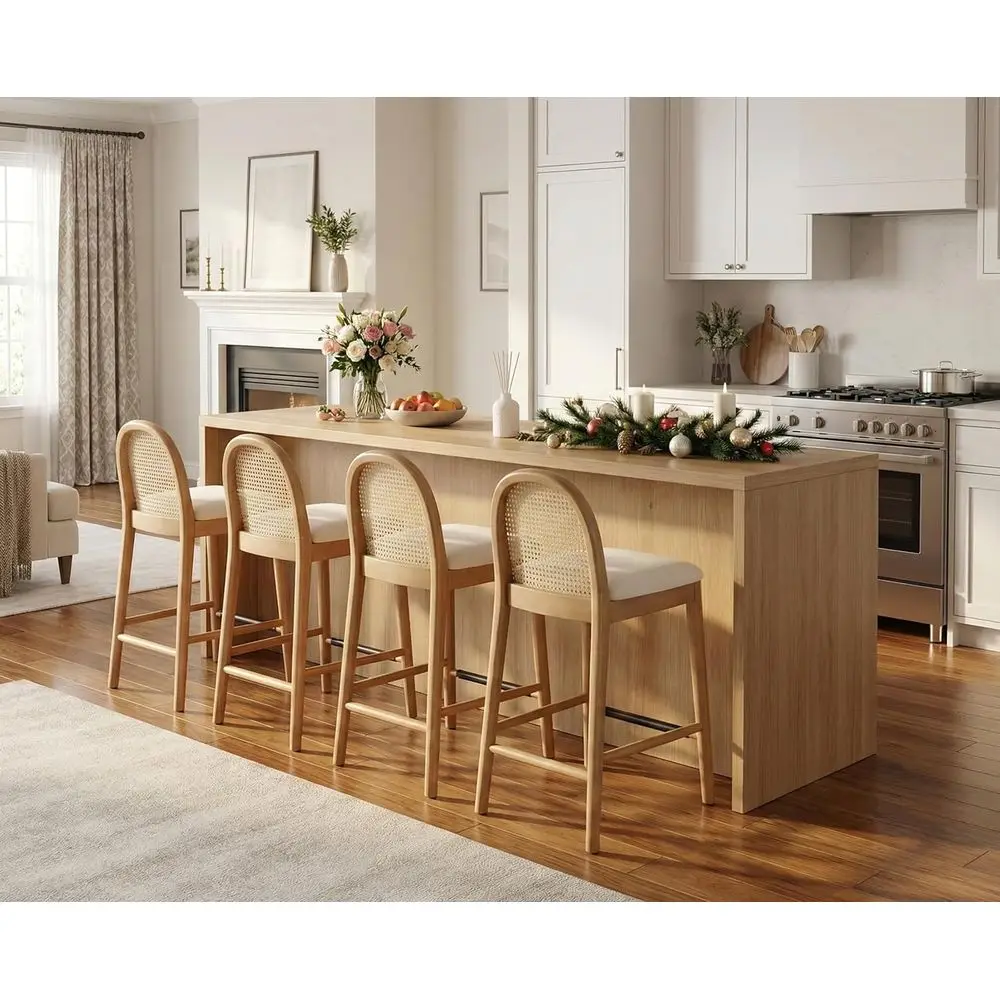 

Набор из 4 барных стульев с обивкой из ротанга и плетеными спинками, высота 66 см, белые, для кухонного острова/домашнего бара