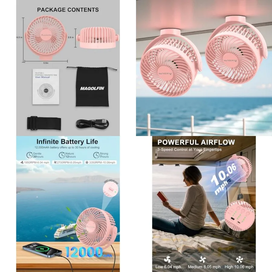 

2-Pack Magnetic Cruise Ship Approved Fan, 12000mAh Battery Operated Travel Fan with 5 Speeds, LED Lantern, Timer, Magnetically