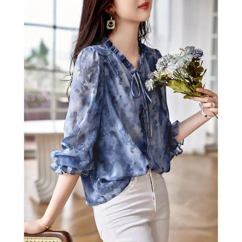 Chiffon hemd Frühling neue elegante Vintage V-Ausschnitt lange Ärmel Schnürung lose schlanke Büro Dame Basic Casual Printing Top