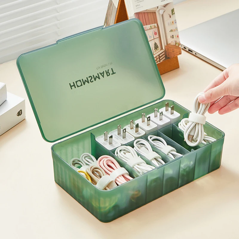 Data Cable Storage Box Charger Cord Container with Rope and Sticker Set Jewelry Hair Craft Storage Box with Lid Nail Tool Bin