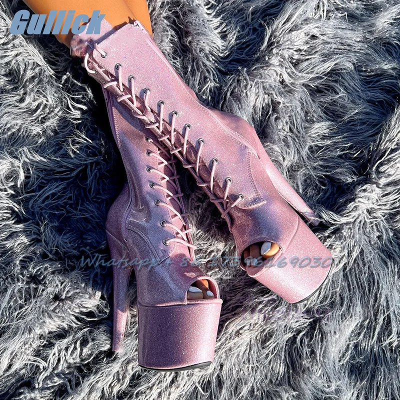 Pink Platform Boots For Women Chaussures Femme Sweetbaby Peep Toe Side Zipper Stiletto Mid-Calf Pole Dancing Shoes Botas Mujer