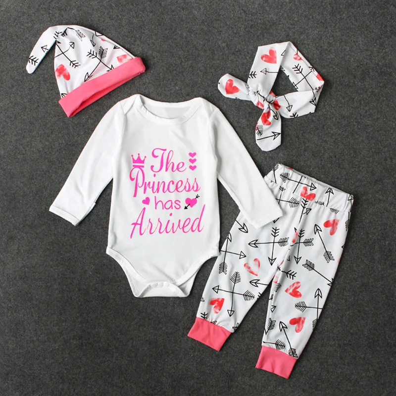 Baby Girl Clothes Set Letter Long Sleeve Bodysuit+Pant+Hat+Headband 4Pcs/Suit Pink Princess Costume Toddler Jumpsuit Kid A646