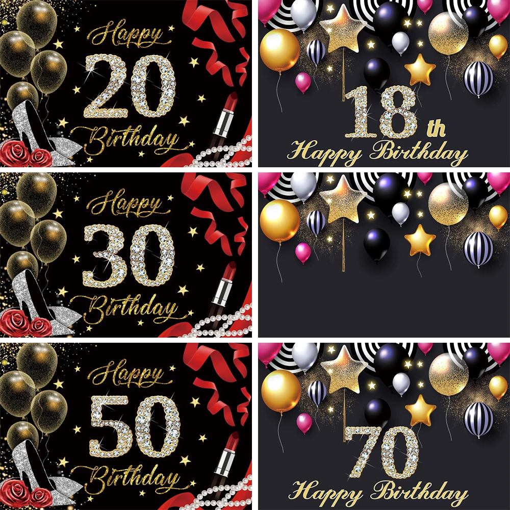 Happy 18 50 40 30 20th Birthday Party Backdrop Gold Polka Dot Balloon Personalized Birthday Poster Photographic Background Photo