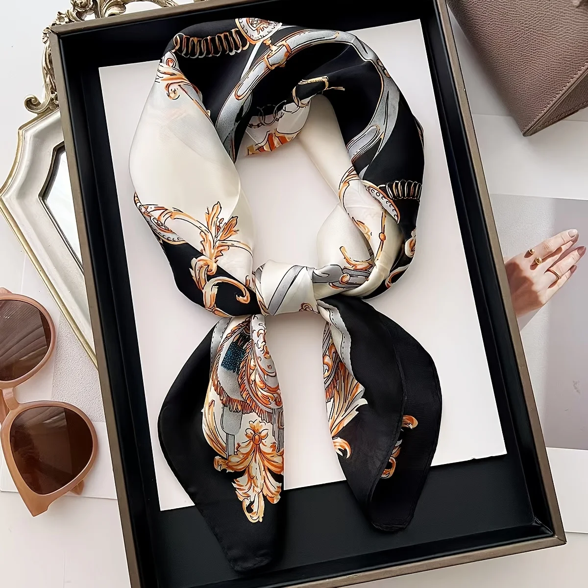

Luxurious Floral Print Silk Scarf Stylish Versatile Elegant Commute Date Accessory Large Simulated Silk Square Scarf
