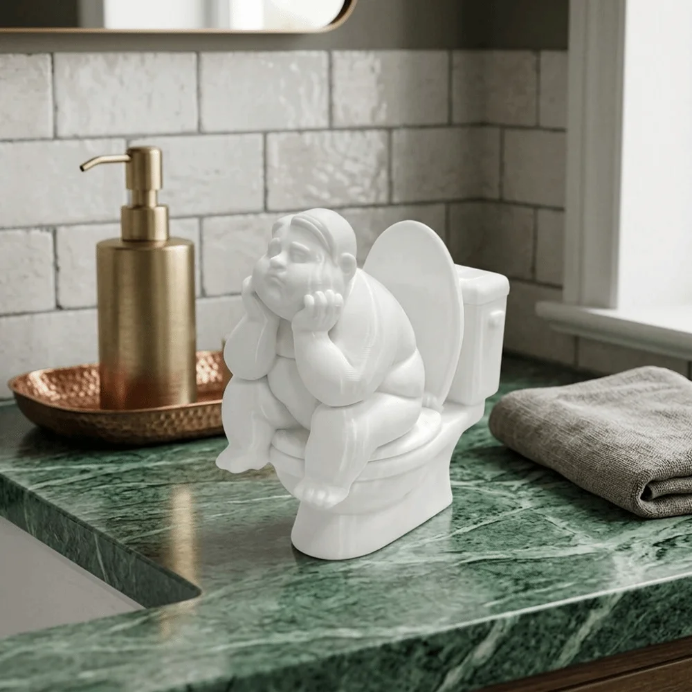 3D Printed Toilet Thinker Figurine Cute Funny Bathroom Thinker Statue White Novelty Desktop Small Ornament Home Office