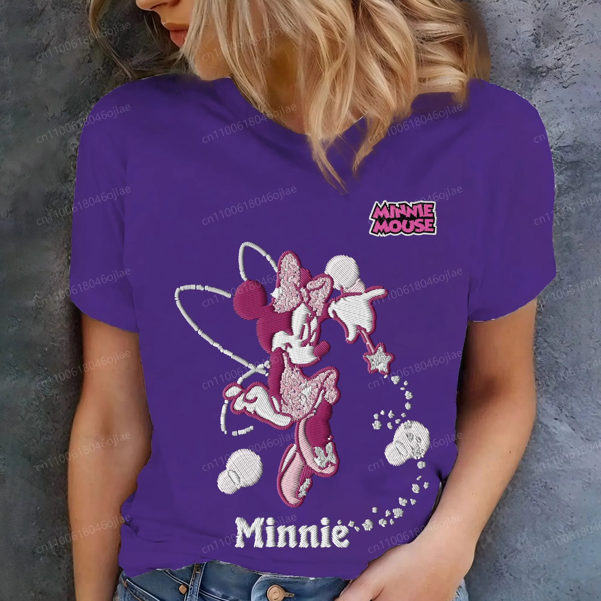 

Minnie Mouse Embroidery 3D Printing Combed Cotton Woman Clothing High-quality Women's T-shirt Y2k Clothes Disney Female Texture
