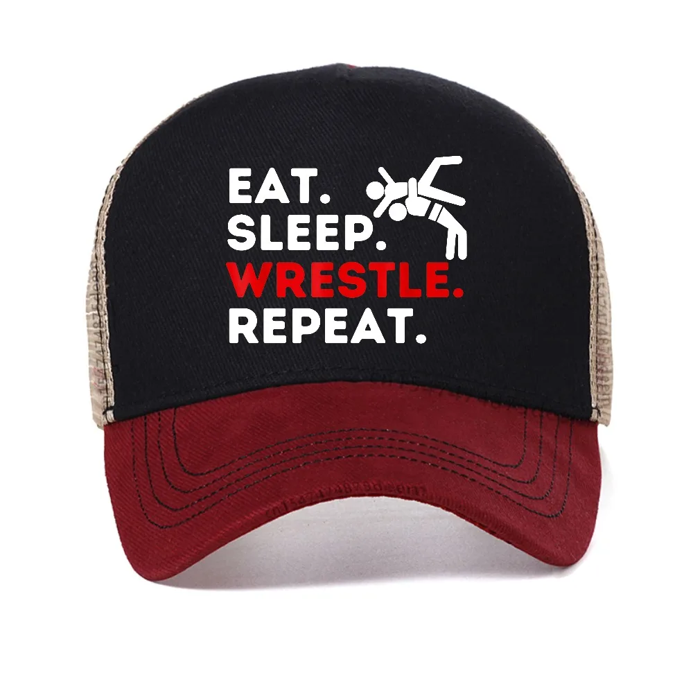 

Eat Sleep Wrestle Repeat Funny baseball cap fashion casual Graphic Print Street mesh sun hat summer breathable Snapback hats