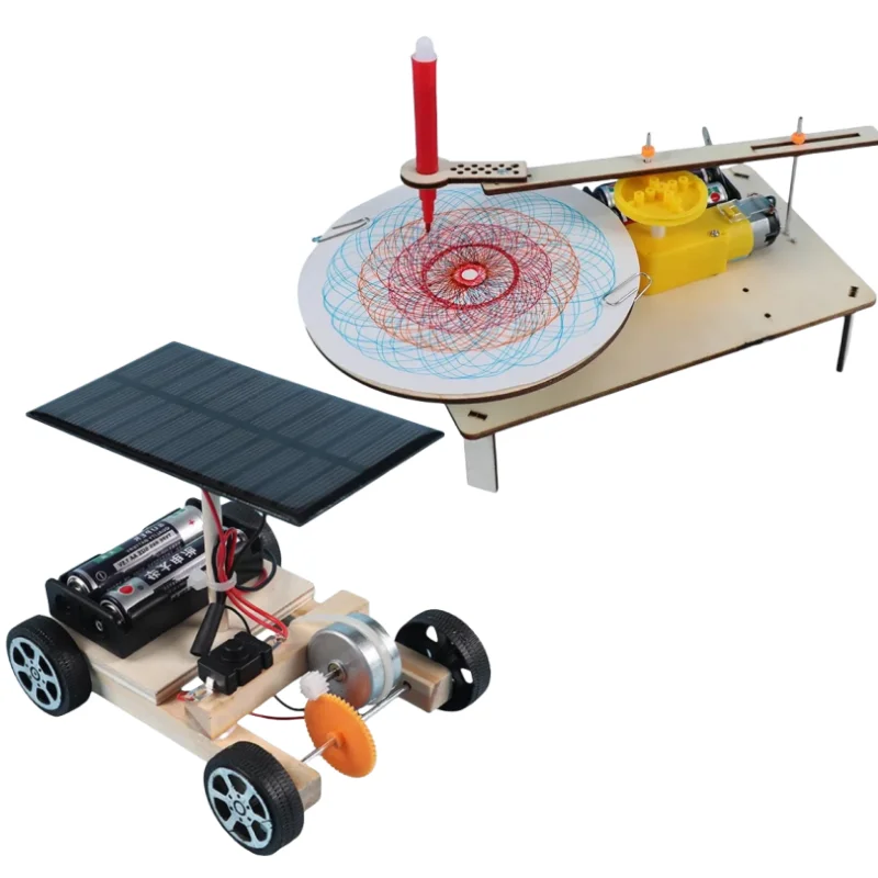 1pcs Children's DIY Creative Assembly Wooden Electric Drawing Kit Solar Car Model Science Physics Experiment Toys Puzzle Toys