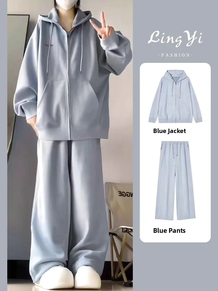 

plus Size 300 Pou Women's Sportswear Set Loose Open Cardigan Sweatirt Sweatpants Casual Two-Piece Set High Waist Long Pants