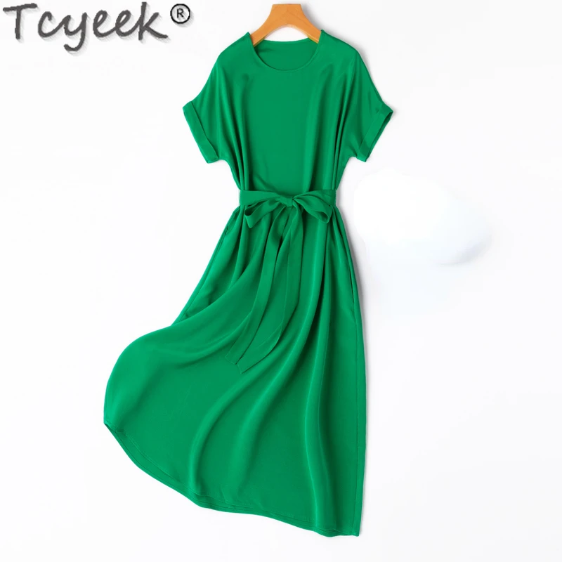 

Tcyeek 93% Mulberry Silk Dresses for Women Print Spring Summer Midi Dress Women's Elegant Dresses 25Mm Real Silk Dress 2024