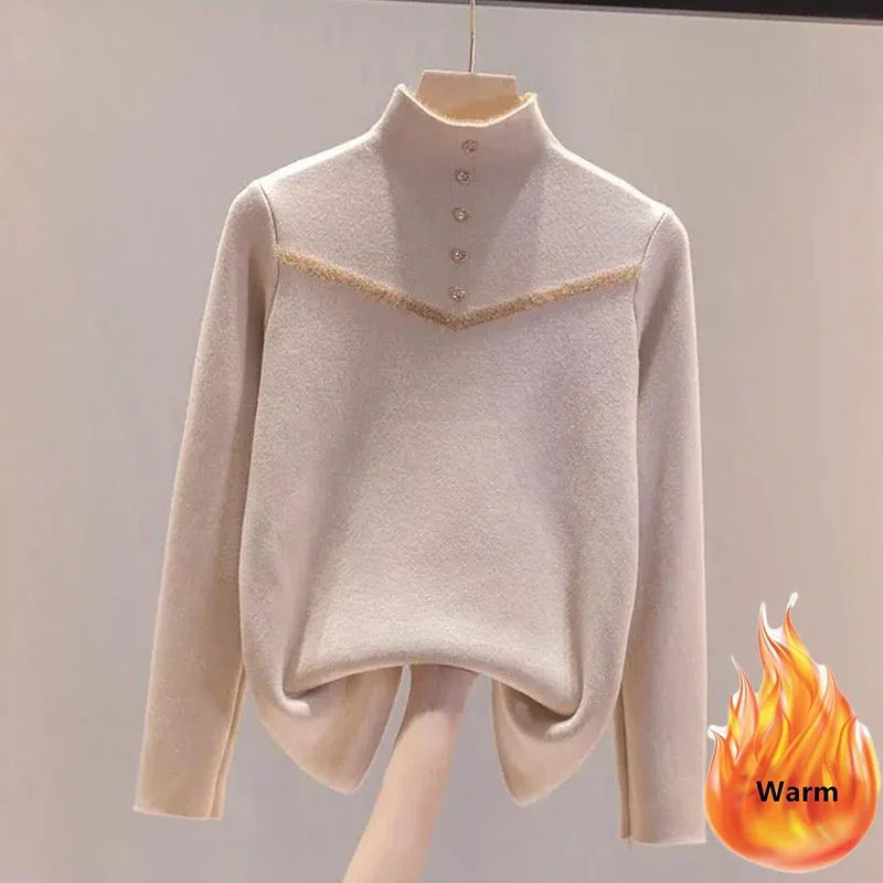 Women Winter Mock Neck Plush Lined Sweater Casual Thicken Warm Knit Tops Korean Slim Pullover Soft Plus Velvet Knitwear Jumper