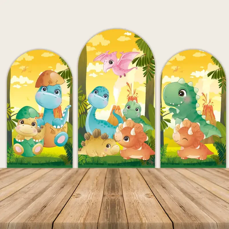 VIKAMA Cartoon-Dinosaurier-Hintergrund-Wanddekoration – Atmosphärendekoration für Geburtstagsfeier – bogenförmiger Hintergrundstoff