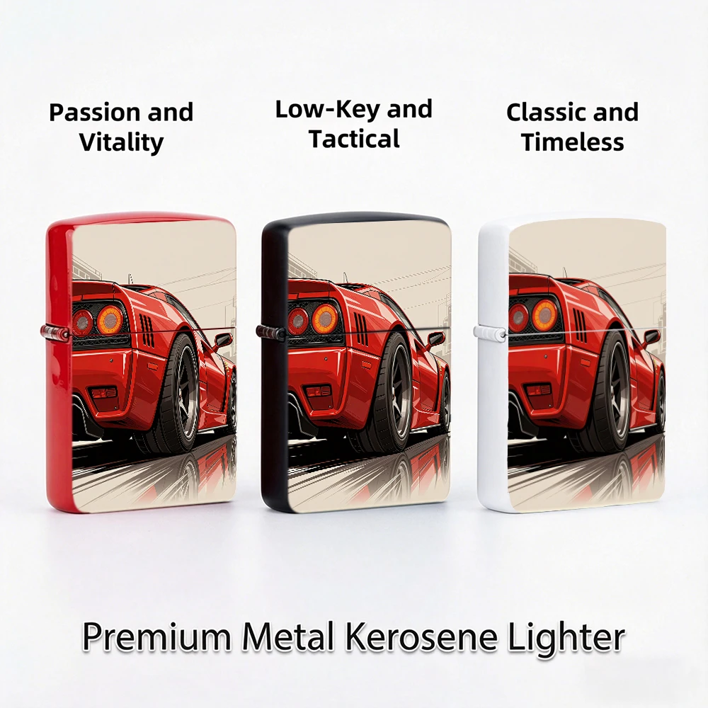 Flip Top Lighter Red Classic Sports Car Rear View Illustration Pattern lighters vintage lighters for smokers Racing Style Gift