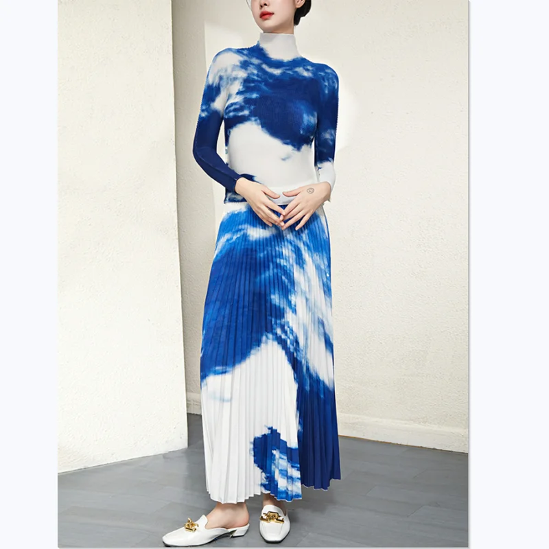 2 Stuks Set Voor Vrouwen Miyake Geplooide Herfst Nieuwe Mode Coltrui Stretch T-Shirt + Elastische Wais Rok Pakken Blauw