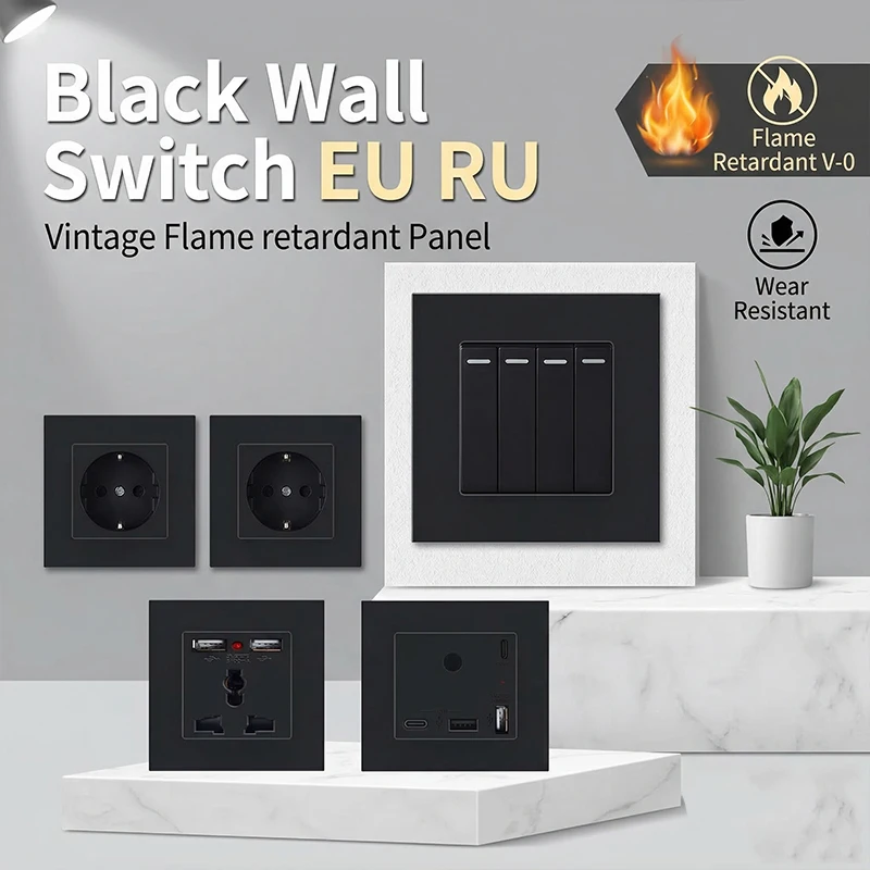 Black Wall Switch EU RU Vintage Flame retardant Panel 1 Gang 1 Way Wall Rocker Switch On/Off 16A AC 250V Russian socket
